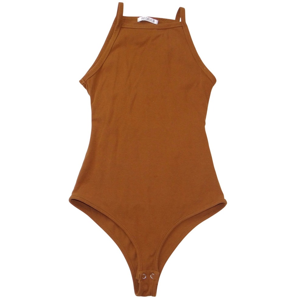 REORIA Brown High Neck Halter Ribbed Thong Bodysuit Small Sleeveless Snap Gusset